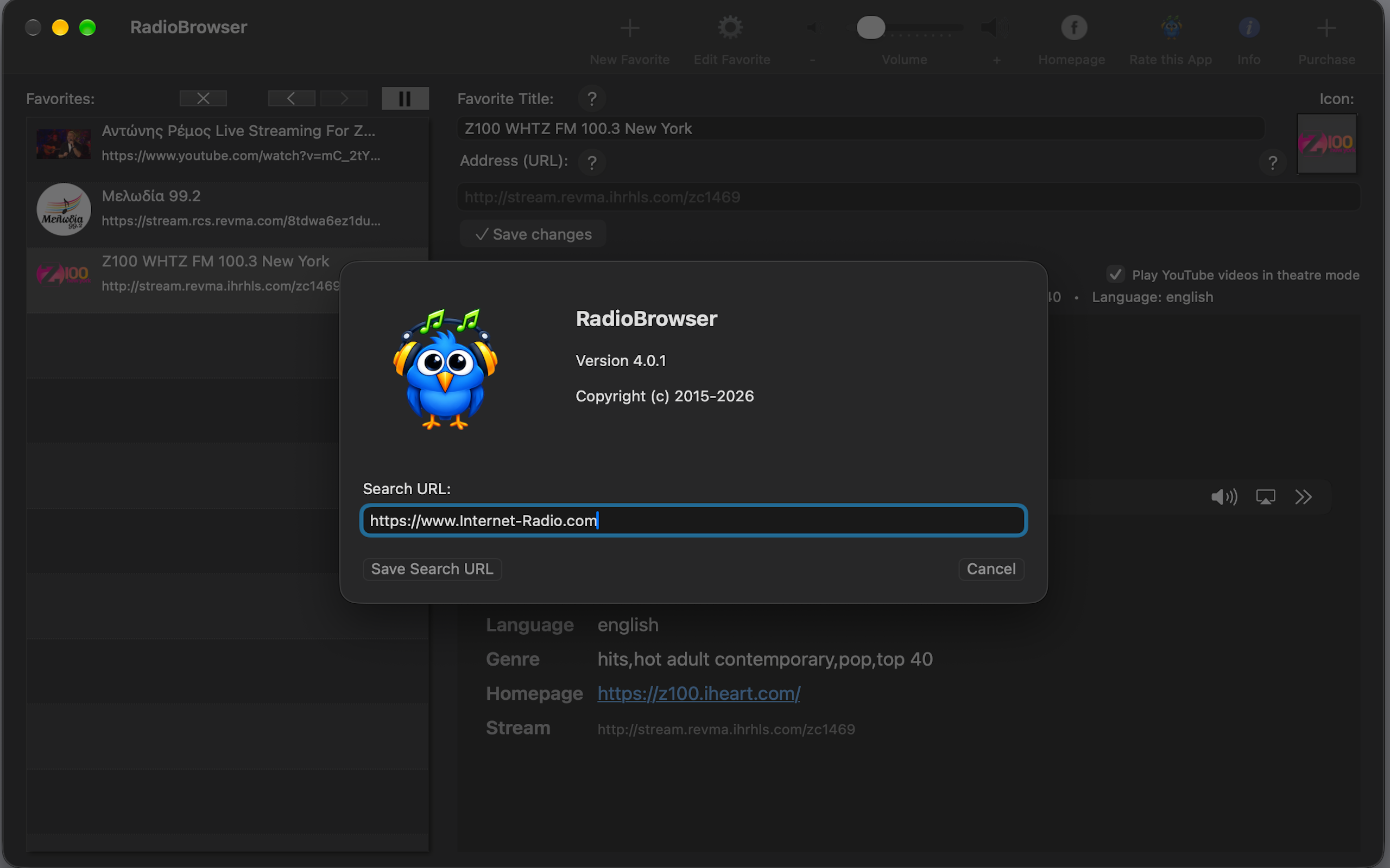 RadioBrowser menu bar controls